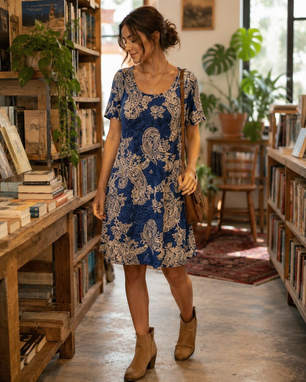 Blue Cream Paisley Shift Dress Small Boho Art Teacher Cottagecore Short Sleeve